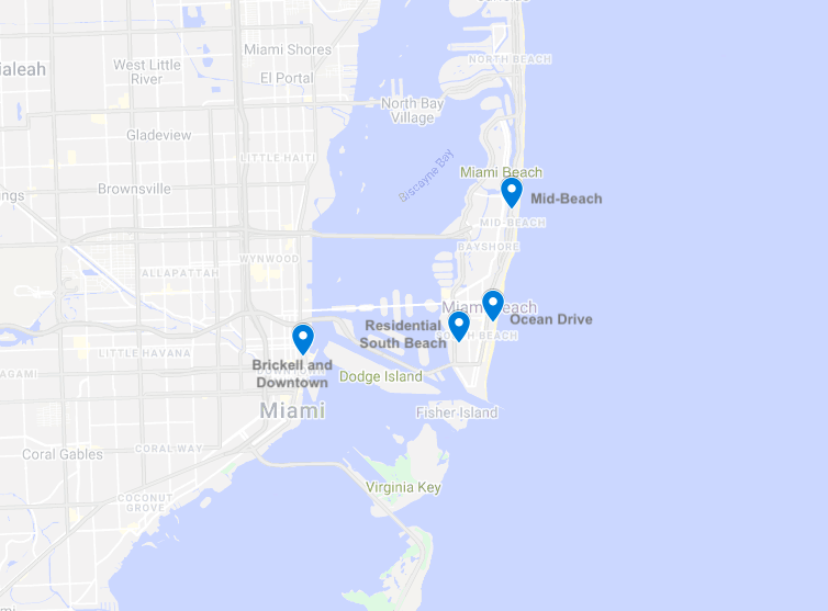 map of areas where to stay in Miami. 